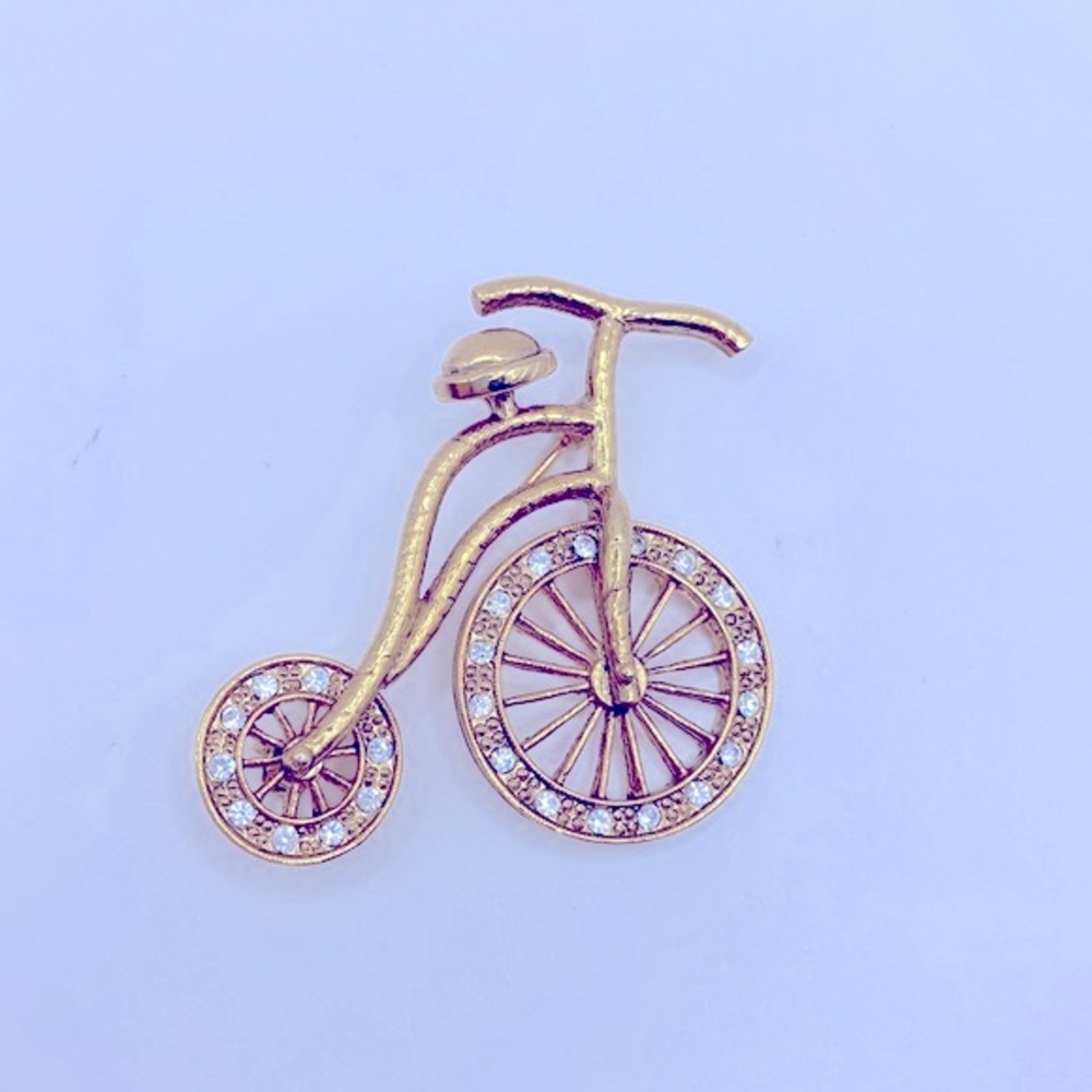 Vintage 1928 Bicycle Brooch | Gold Tone Rhinestone Penny Farthing Pin